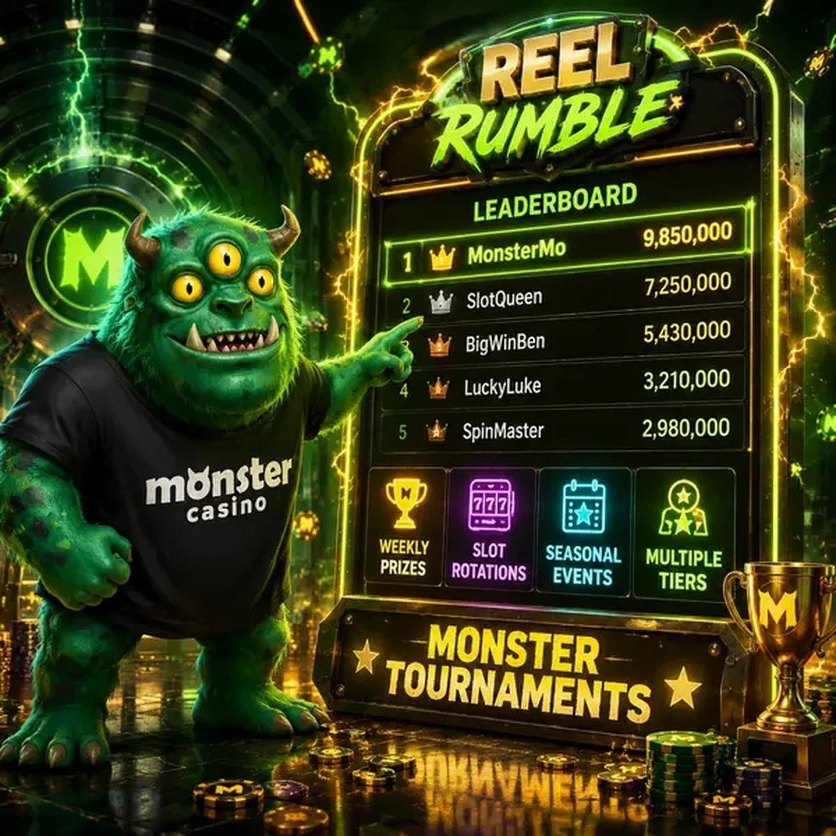MonsterMo points excitedly at tournament leaderboard at Monster Casino competitions